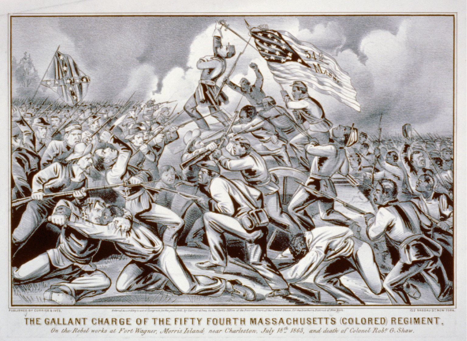 The gallant charge of the fifty fourth Massachusetts (colored) regiment: on the rebel works at Fort Wagner, Morris Island, near Charleston, July 18th 1863, and death of Colonel Robt. G. Shaw, New York : Published by Currier & Ives, c1863. — antique lithograph