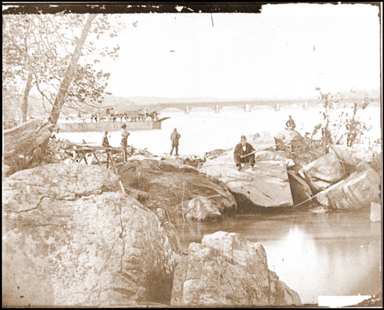 Washington D.C. Georgetown ferry-boat carrying wagons and Aqueduct Bridge beyond fr, 1860 — historic photograph