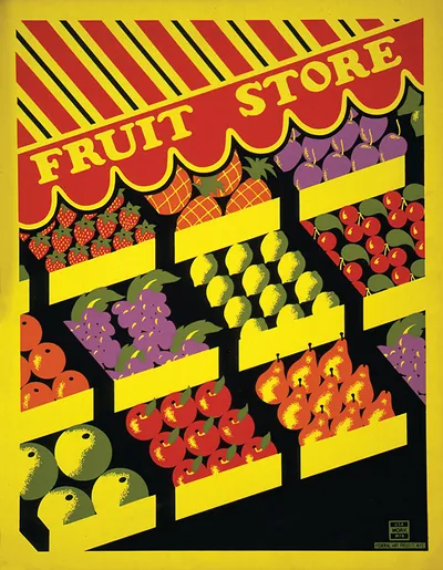 Fruit Store poster with colorful fruit crates