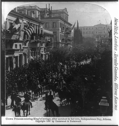 Crown Princess entering King's carriage, after accident to her own, Independence Day, Athens