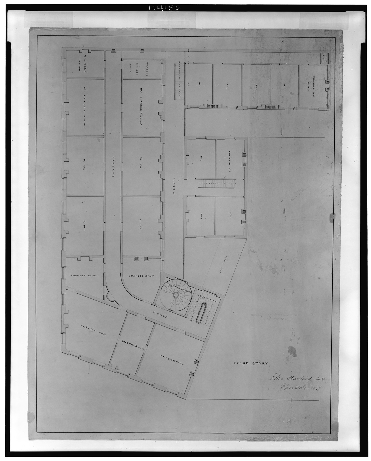 [Hotel for Azariah Fuller, (Kirkwood House), Pennsylvania Avenue and 12th Street, N.W., Washington, D.C. Third story floor plan], and Engineering (ADE) Drawings" (http://www.loc.gov/rr/print/res/103_ade.html)." — historic drawing