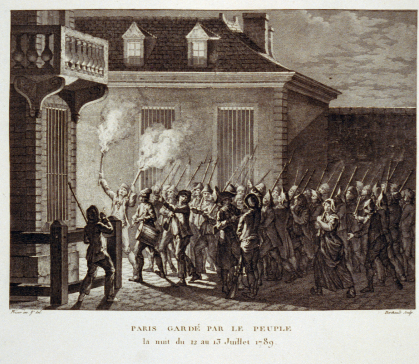 Paris gardé par le peuple la nuit du 12 au 13 Juillet 1789 / Prieur, inv. & del. ; Berthault, sculp., 1804 — antique engraving