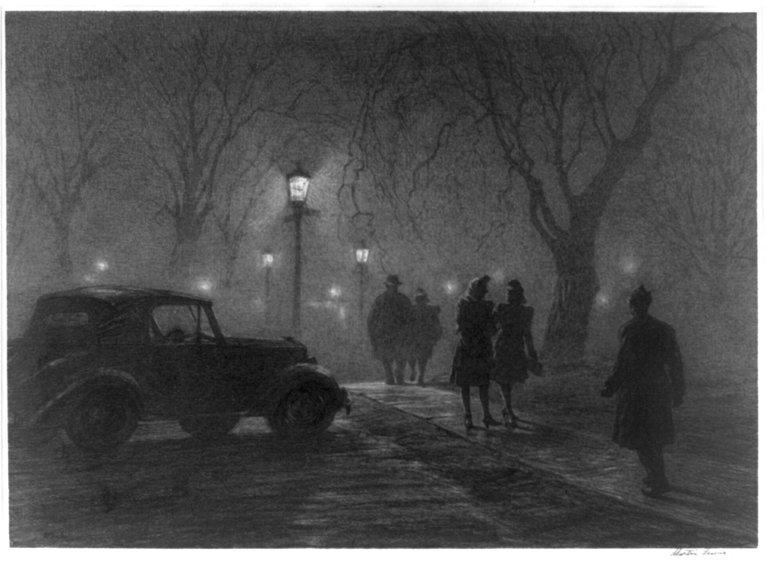 Misty night, Danbury, [ca. 1943] — antique lithograph