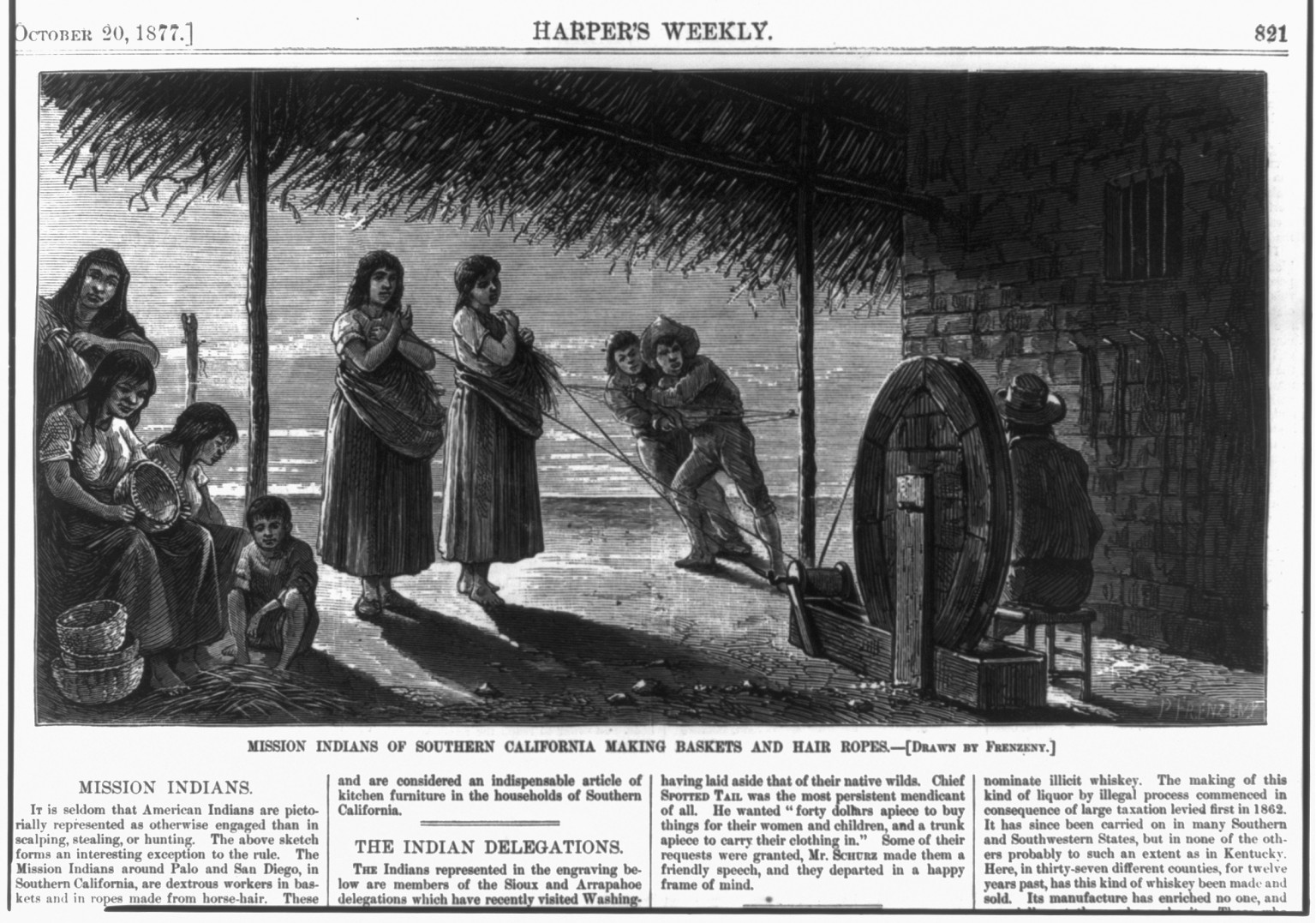 Mission Indians of Southern California making baskets and hair ropes, 1877 — antique engraving