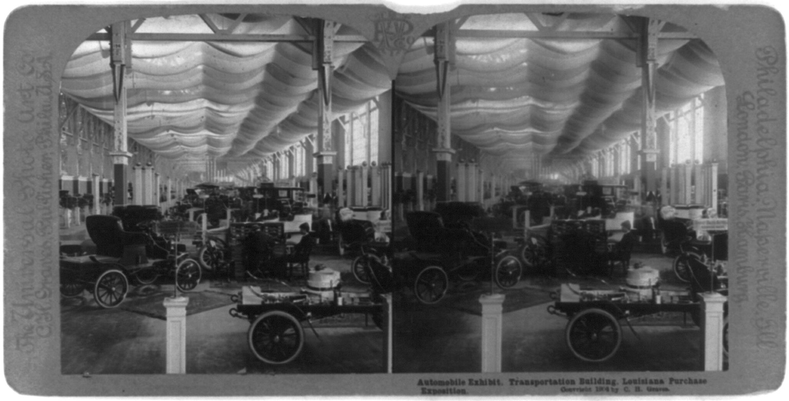 Automobile exhibit - Transportation Building - Louisiana Purchase Exposition, c1904. — historic photograph