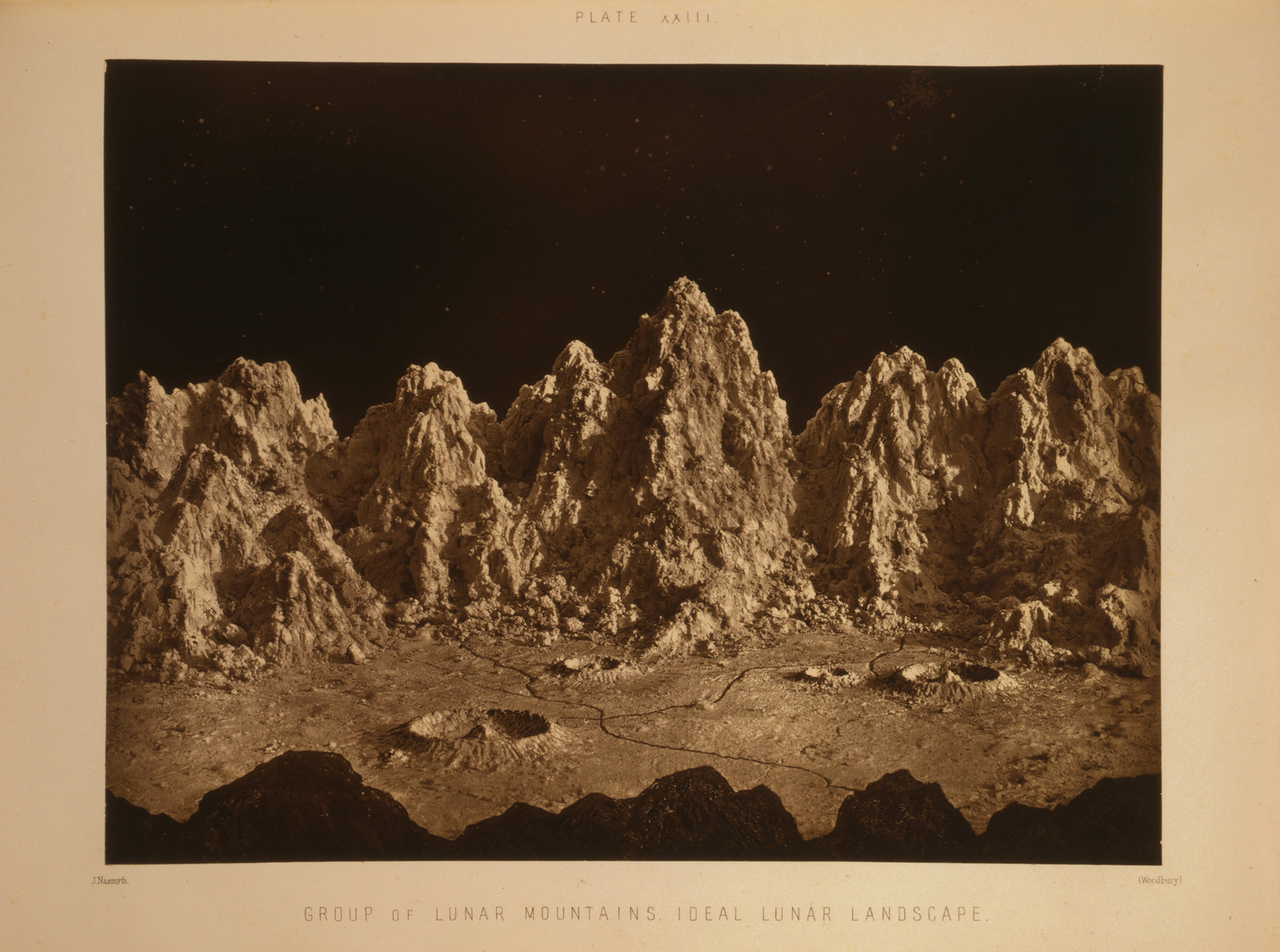 Group of lunar mountains - ideal lunar landscape / J. Nasmyth ; (Woodbury)., [1874] — historic print