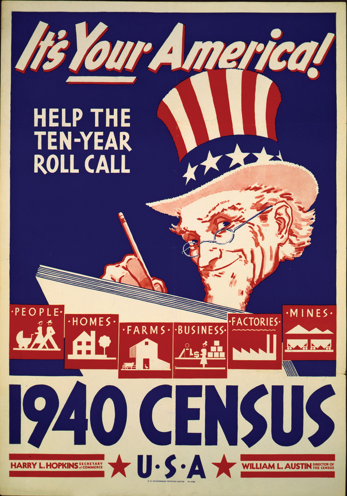 It's Your America! Help The Ten-Year Roll Call--1940 Census, U.S.A. U.S. Government Printing Office — vintage poster