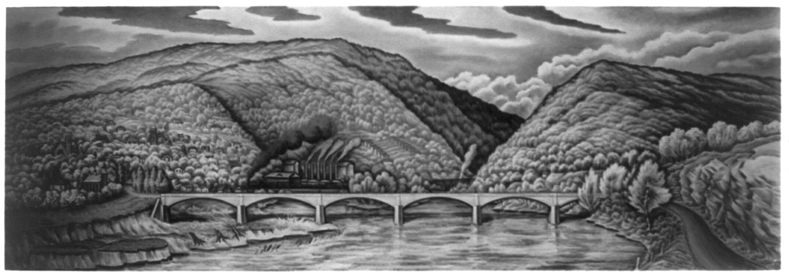 [Mural by Paul Rohland in Mt. Union, Pa. Post Office - showing river, bridge and mountains in backgrd.], [between 1933 and 1941] — historic photograph