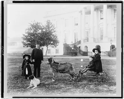 White House--Major Russell Harrison and Harrison children--Baby McKee and sister on goat cart