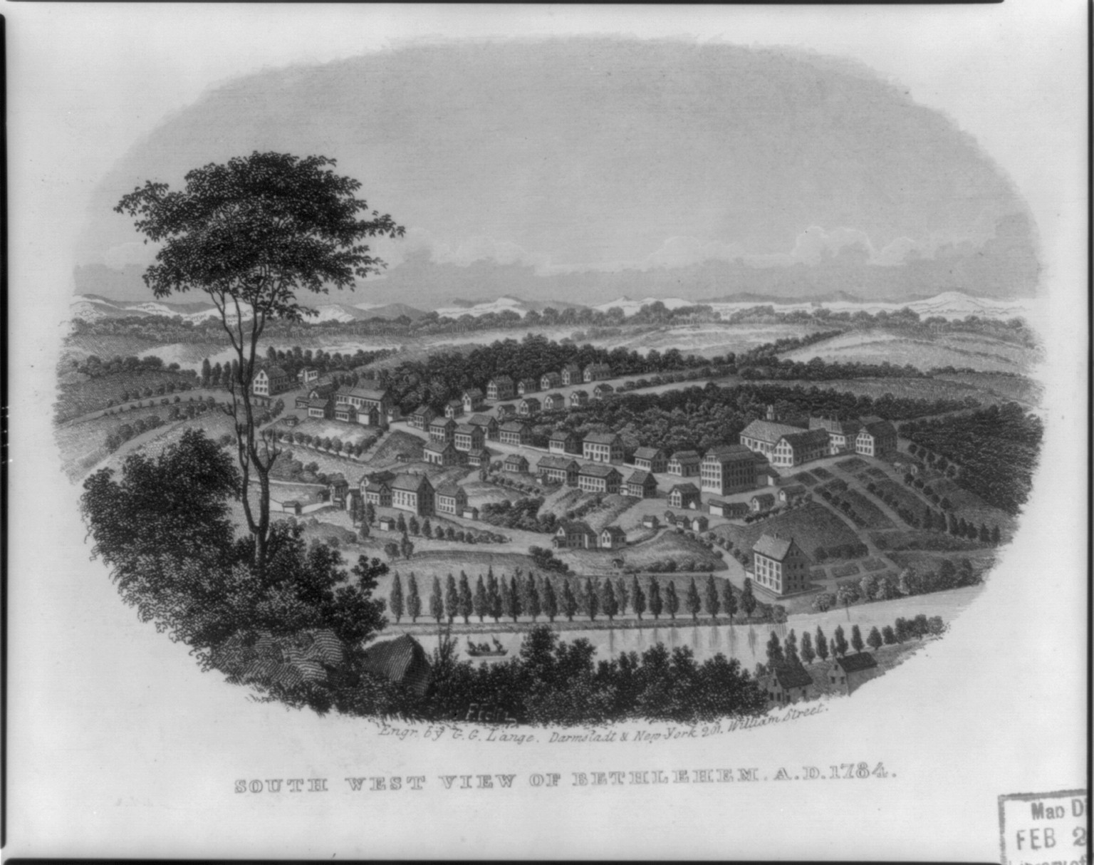 South west view of Bethlehem [Pa.] 1784 — antique engraving