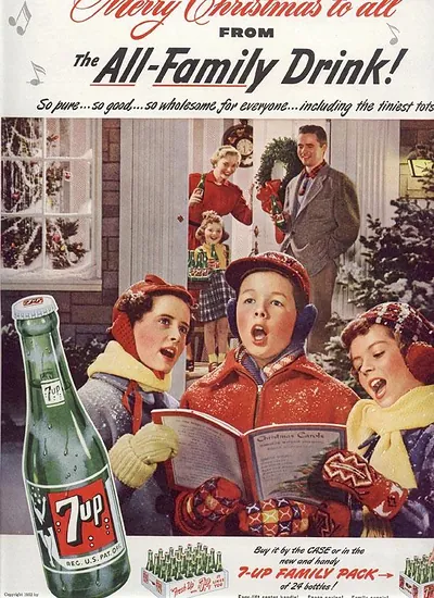 7Up Christmas advertisement: children singing carols, "All-Family Drink