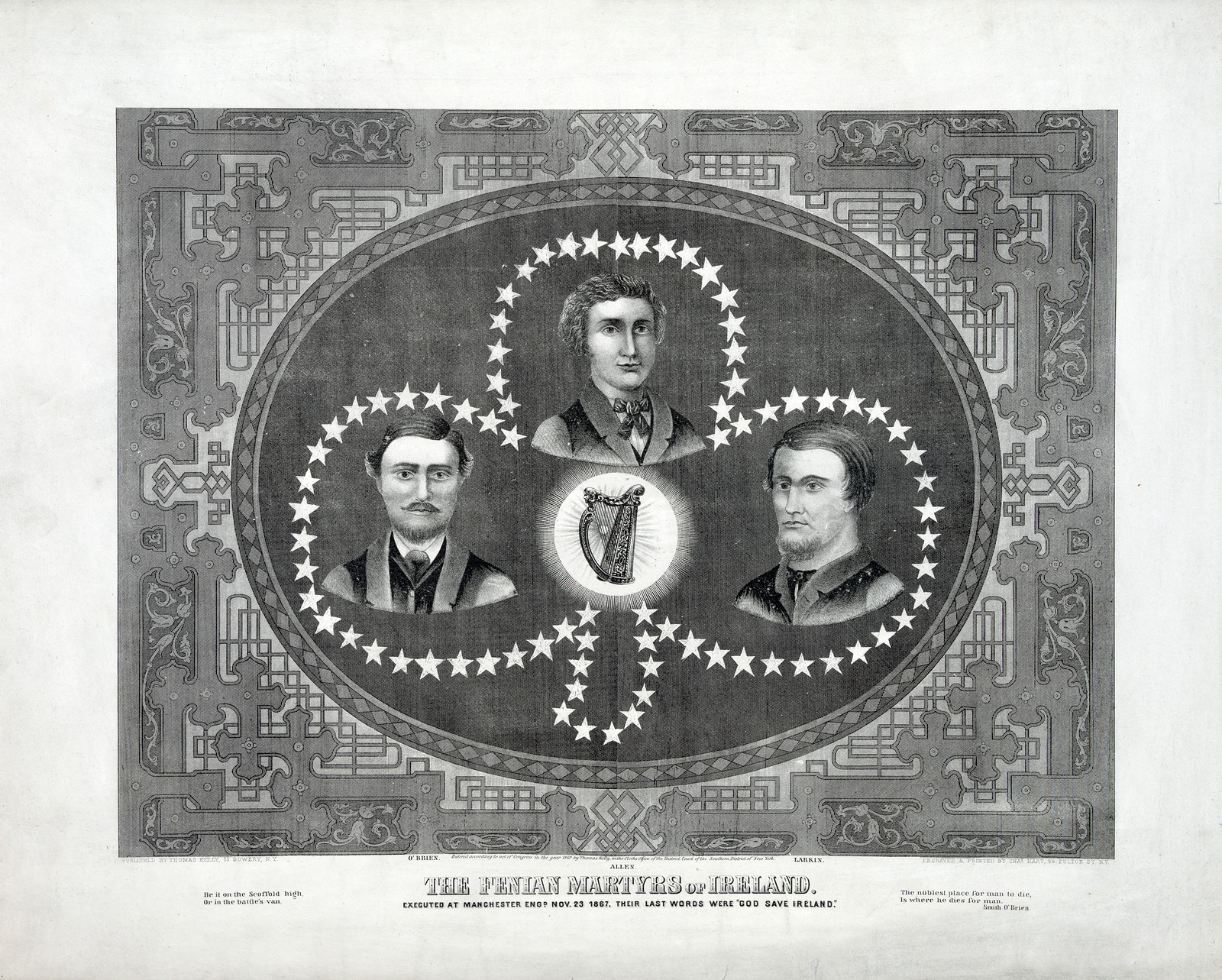The Fenian Martyrs of Ireland, print with portraits and harp — historic print