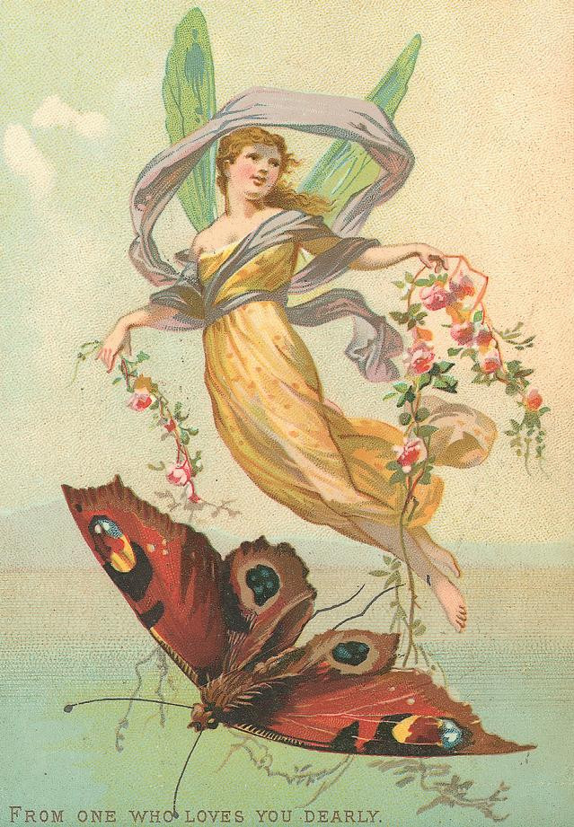 Fairy riding a butterfly with 'From One Who Loves You Dearly' — historic image