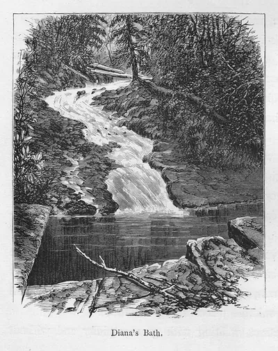 Diana's Bath, a woodcut engraving of a forest waterfall