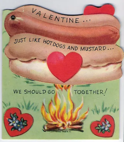 Valentine card with hot dog, mustard and campfire