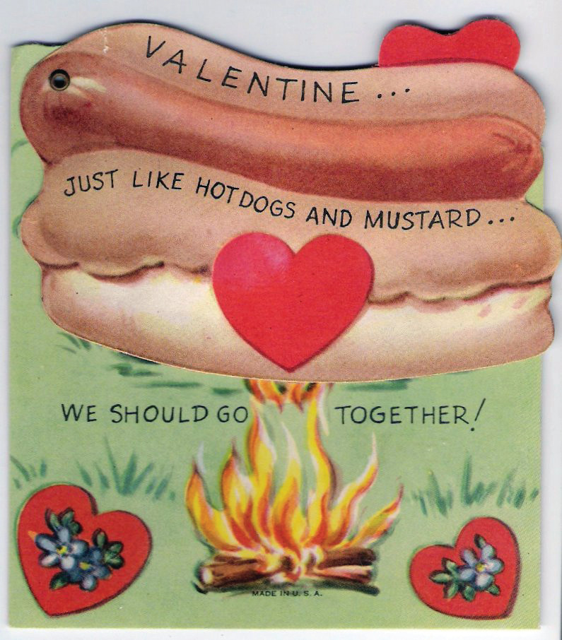 Valentine card with hot dog, mustard and campfire — historic image