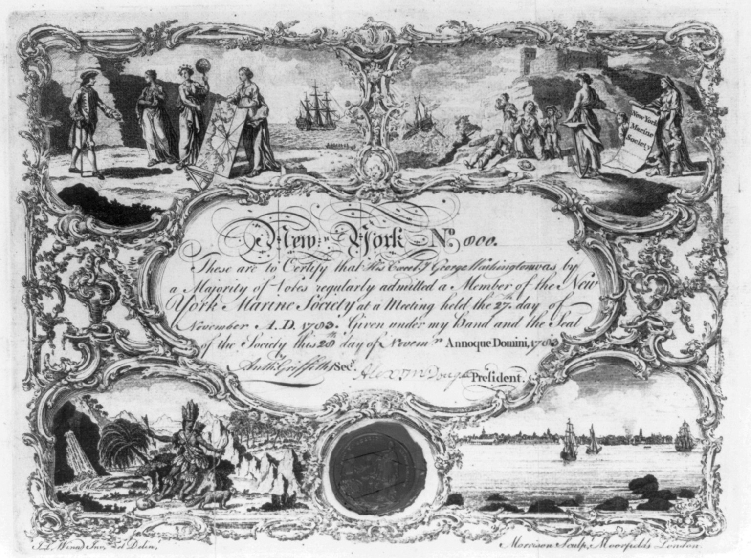 [George Washington; certificate of honorary membership in New York Marine Society, 1783] — historic print