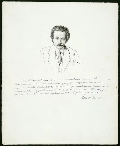 Pen-and-ink head-and-shoulders portrait of Albert Einstein with handwritten German quote