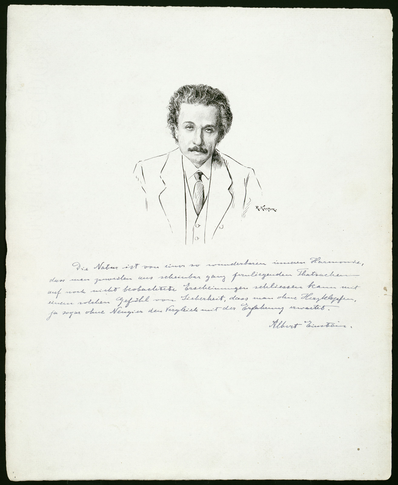 Pen-and-ink head-and-shoulders portrait of Albert Einstein with handwritten German quote — historic image