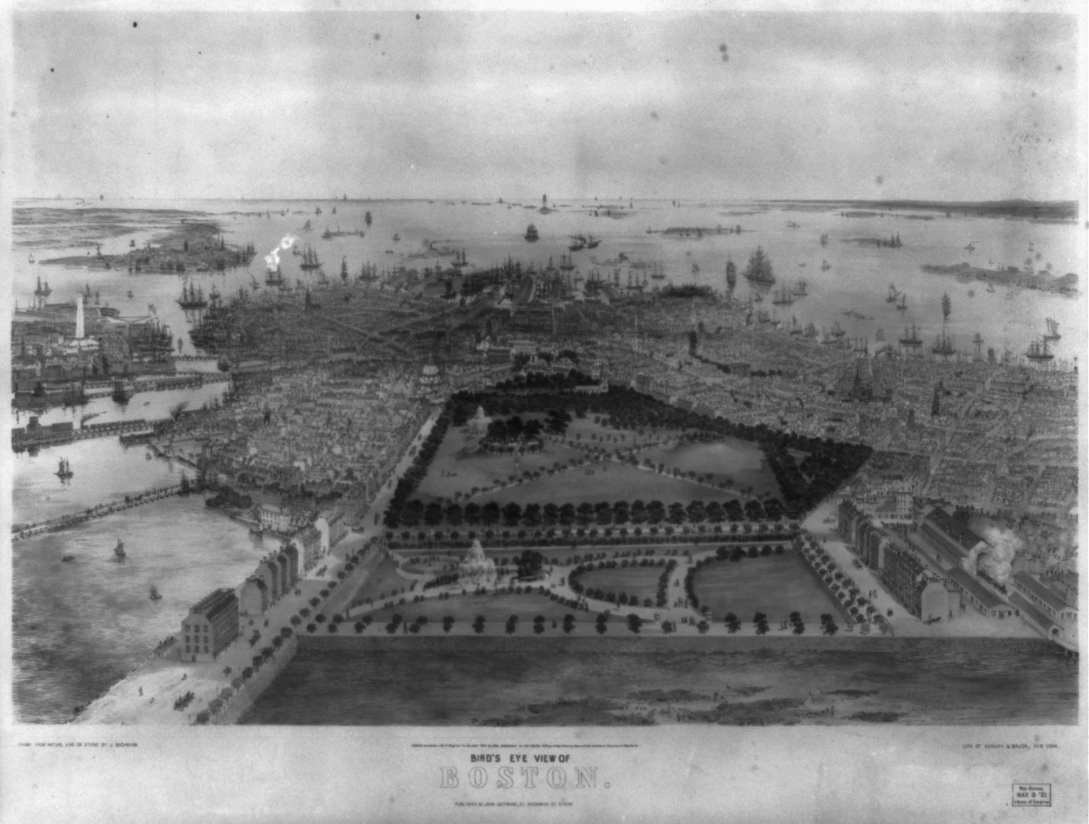 Bird's eye view of Boston / drawn from nature and on stone by J. Bachmann ; lith. of Sarony & Major, New York., New York : Published by John Bachmann, c1850. — antique lithograph