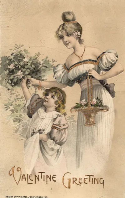 Valentine Greeting postcard with two women and flowers