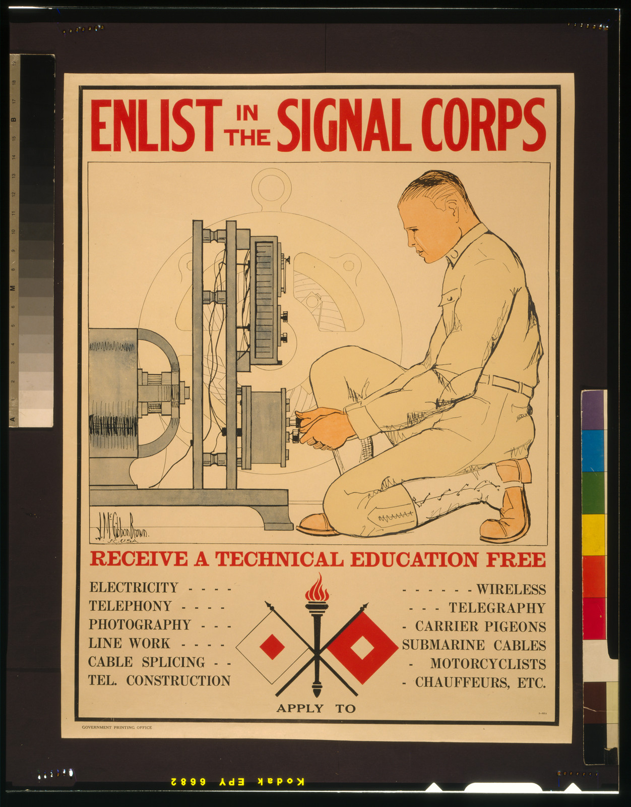 Enlist in the Signal Corps--Receive a technical education free / J. McGibbon Brown S.C. U.S.A., [1919] — vintage poster