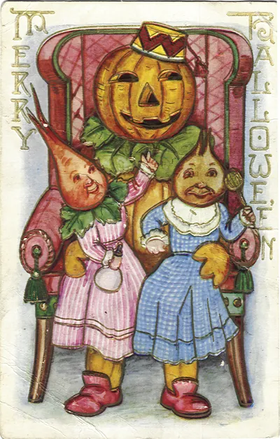 Merry Halloween postcard with pumpkin and vegetable figures