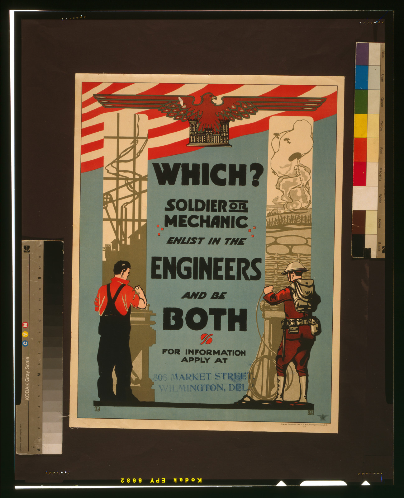 Which? Soldier or mechanic--Enlist in the Engineers and be both For information apply at 808 Market Street, Wilmington, Delaware / L.H., 1919 — vintage poster