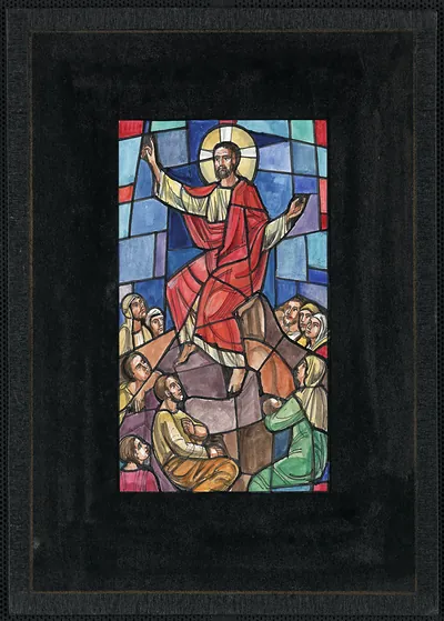 Design drawing for a stained glass window showing Christ ascending