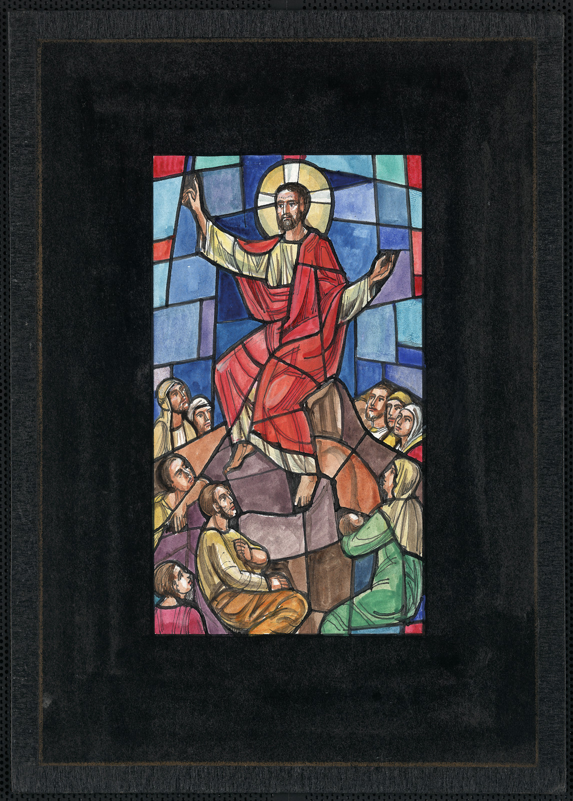 Design drawing for a stained glass window showing Christ ascending — historic drawing