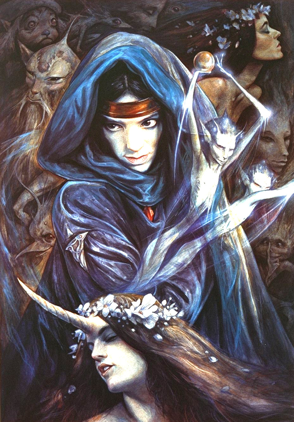 Hooded figure with fairies, a horned woman and goblin faces — historic image
