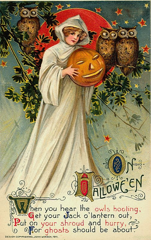 Halloween greeting postcard: When you hear the owls hooting — vintage postcard