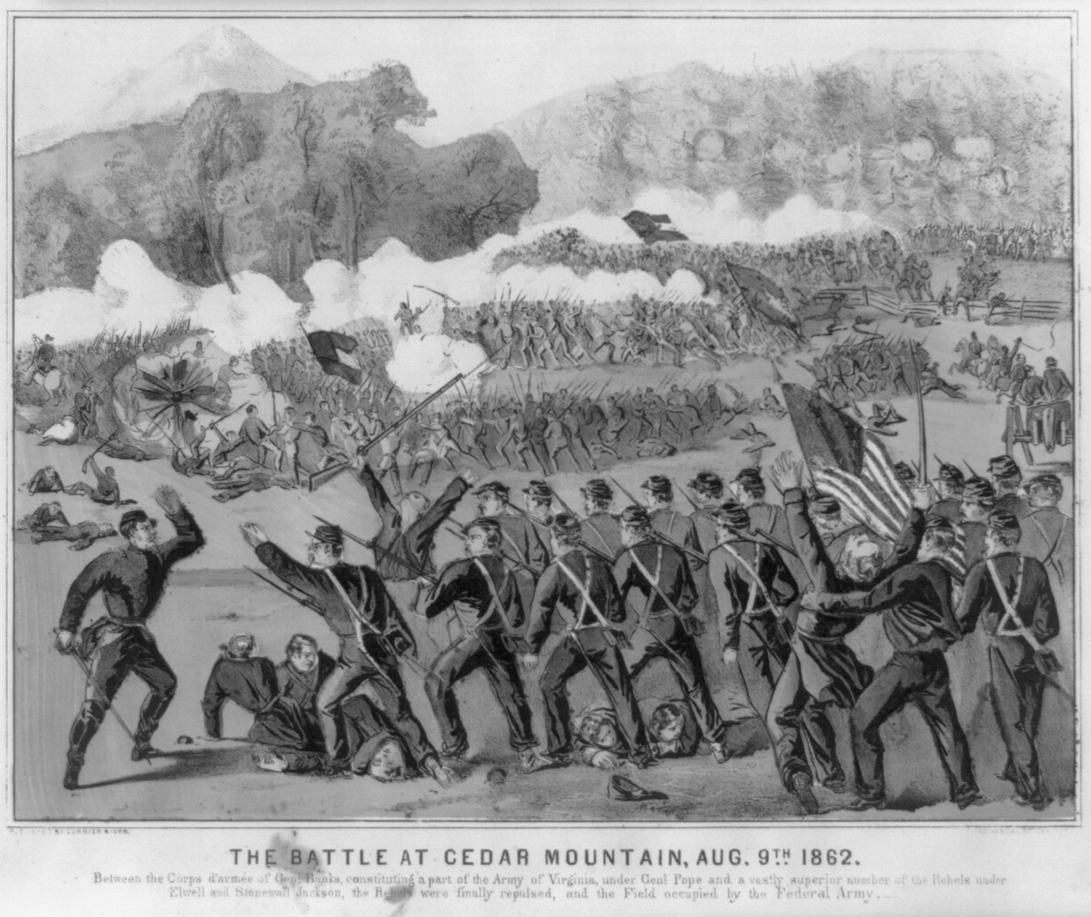 The battle at Cedar Mountain, Aug. 9th 1862, New York : Published by Currier & Ives, [between 1862 and 1872] — antique lithograph