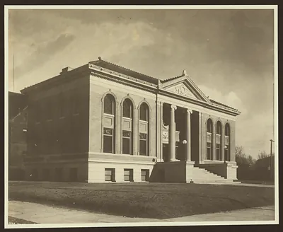 Carnegie public library building, neoclassical brick facade with columns