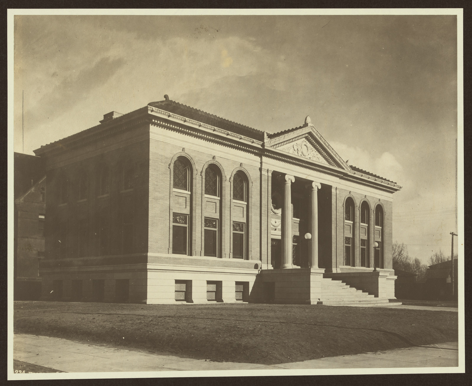 Carnegie public library building, neoclassical brick facade with columns — historic image