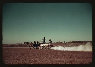 Spreading fertilizer from 4-mule team wagon, Georgia