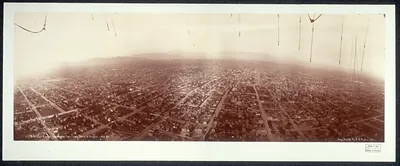 Panoramic balloon view of Los Angeles, sepia photograph