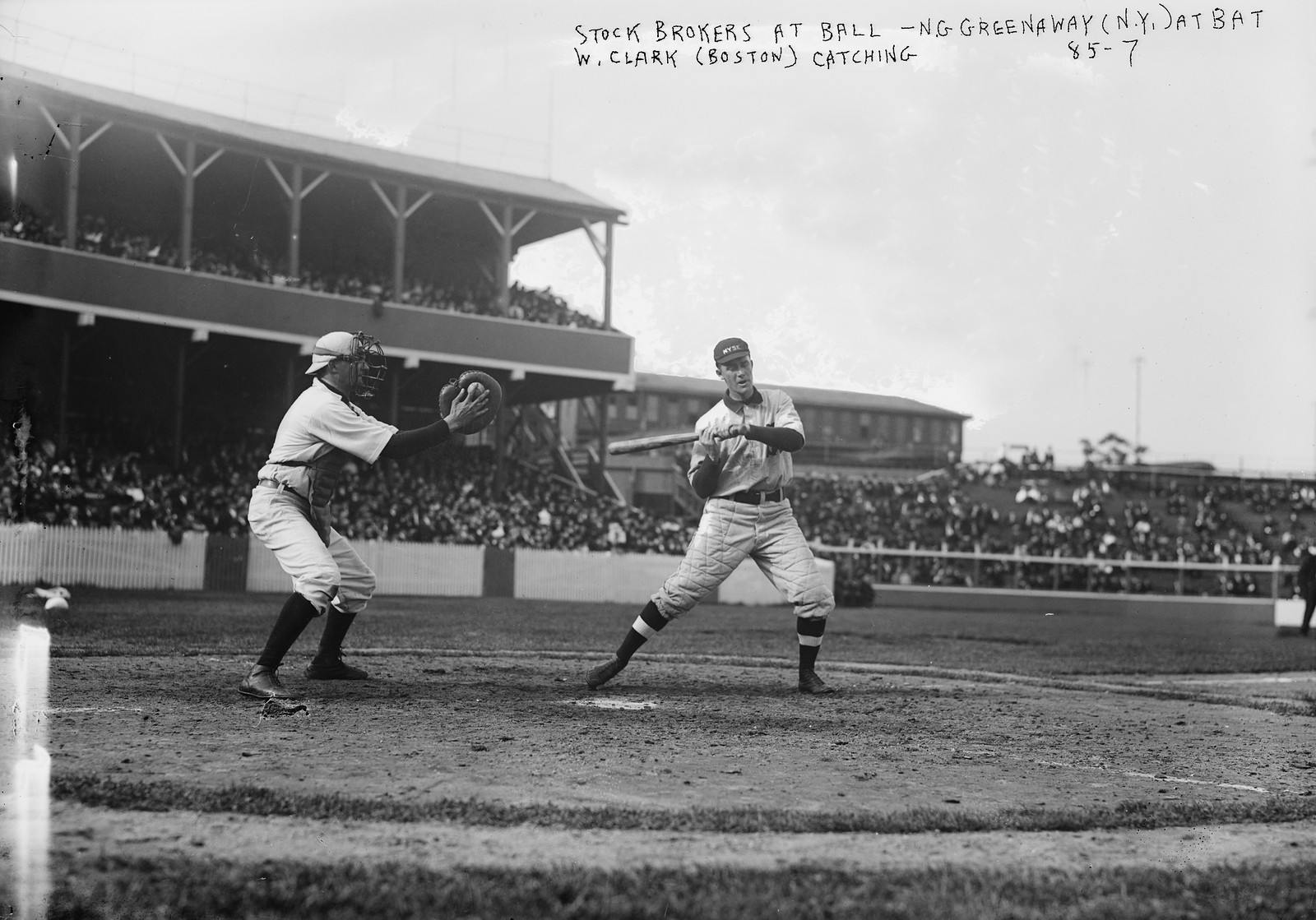 Stock Brokers Ball Game (N.Y. - Boston), N.G. Greenaway (N.Y.) At Bat, 5/22/08, c. 1908 — historic image