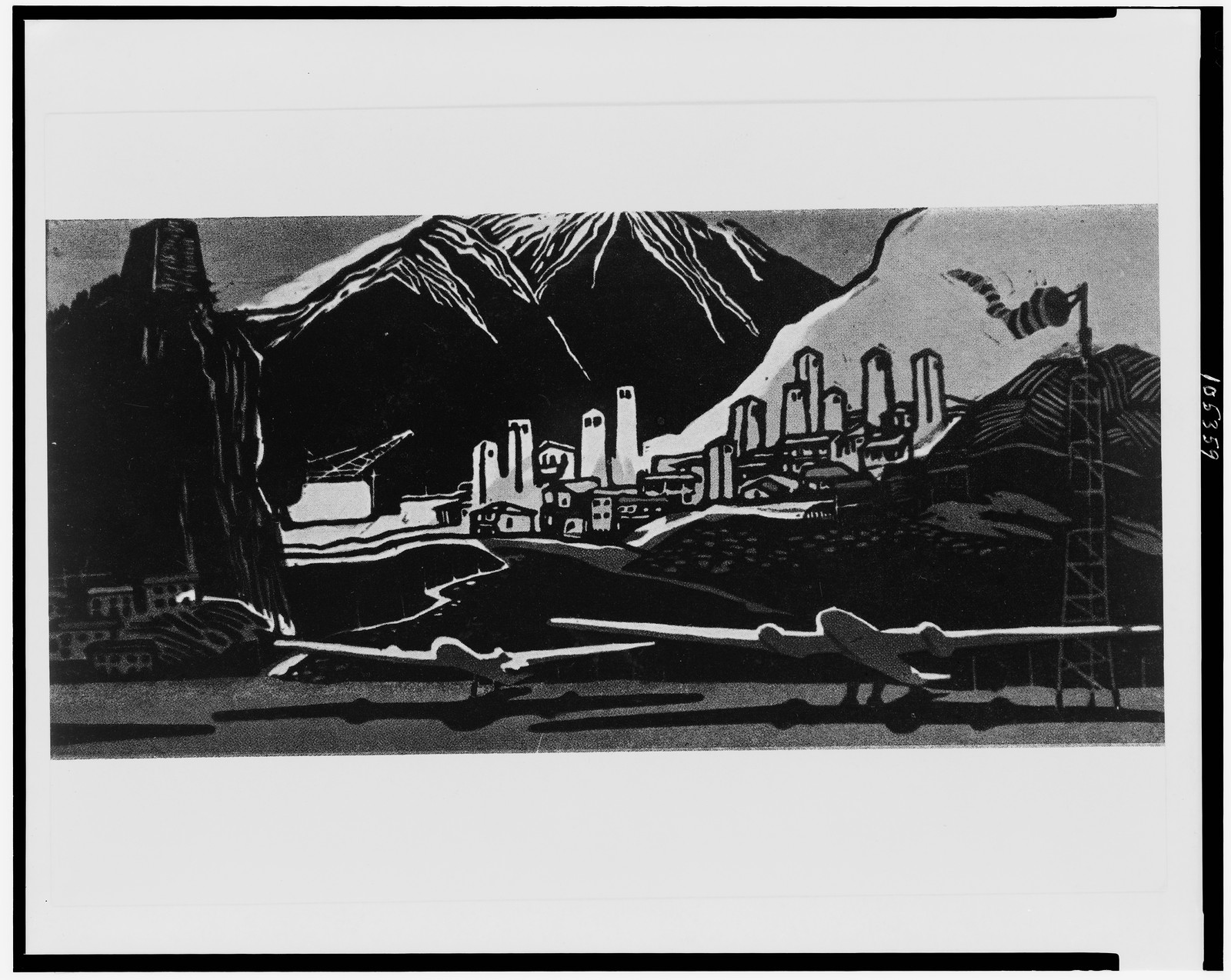 [Airplanes on field in foreground, buildings, and mountains in background], Moscow : Sovetskii Khudozhnik, [1963] — historic print