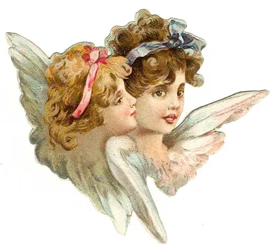 Two winged angels with curly hair, vintage chromolithograph style