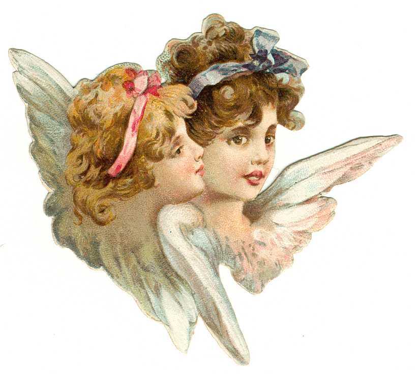 Two winged angels with curly hair, vintage chromolithograph style — antique lithograph