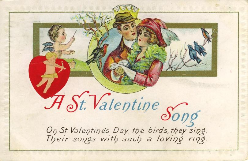 A St. Valentine Song postcard with couple and cupids — vintage postcard