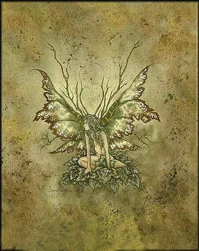 Winged fairy seated among ivy leaves, with bare twig branches