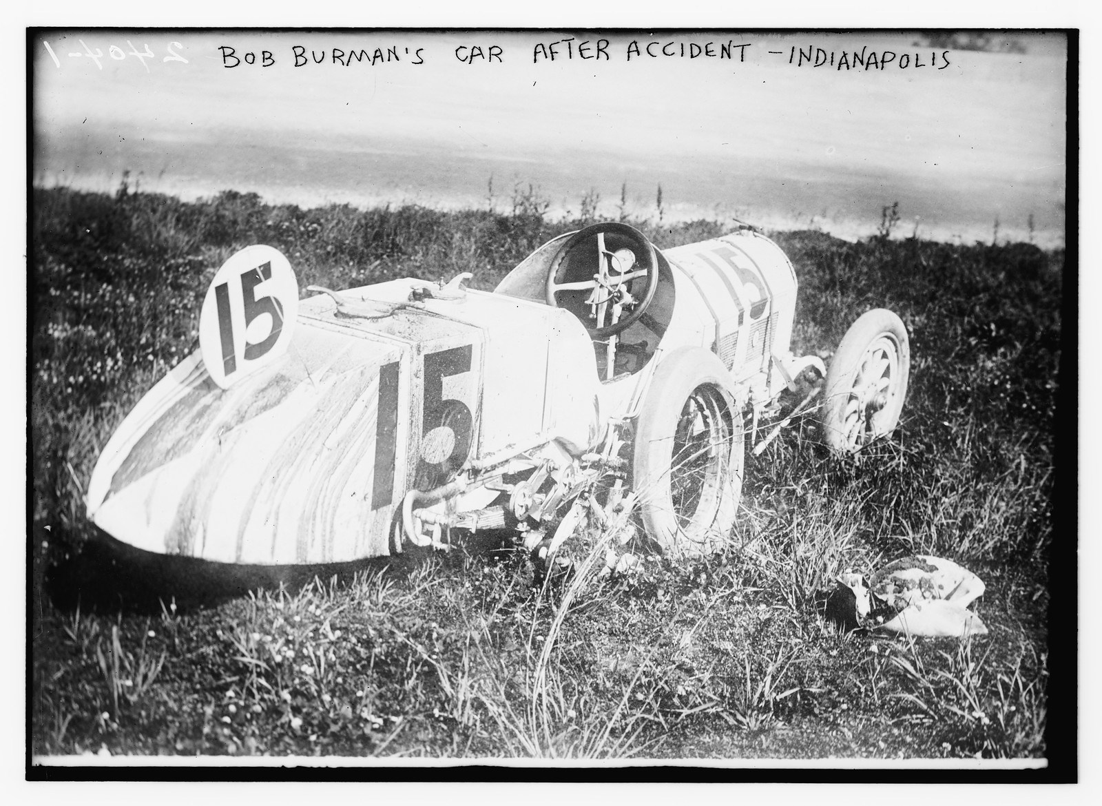 Bob Burman's car after accident - Indianapolis, n/a — historic photograph