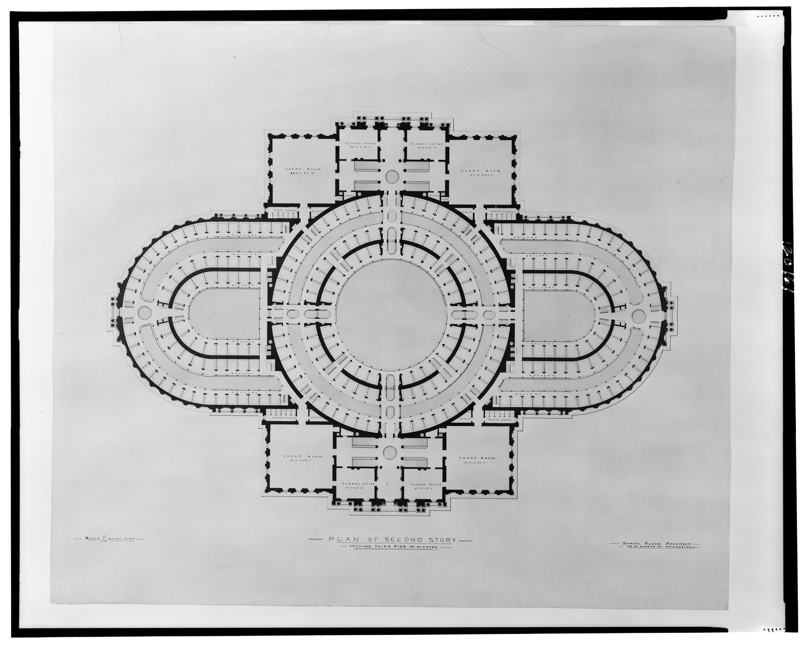 [Library of Congress, Thomas Jefferson Building. Second story showing third tier of alcoves], and Engineering (ADE) Drawings" (http://www.loc.gov/rr/print/res/103_ade.html)." — historic drawing