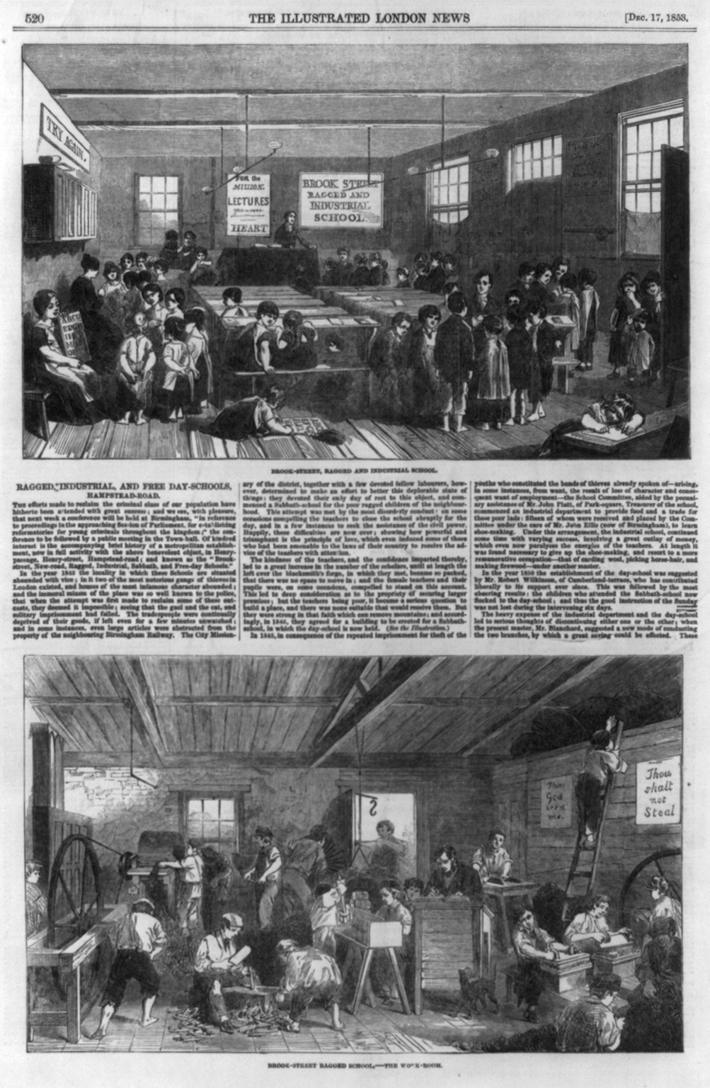 Brook Street, Ragged and Industrial School, 1853 — antique engraving
