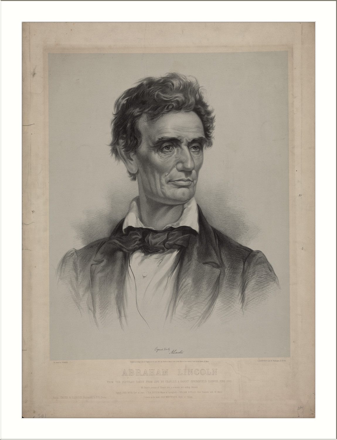 Abraham Lincoln lithograph portrait, head and shoulders — antique lithograph