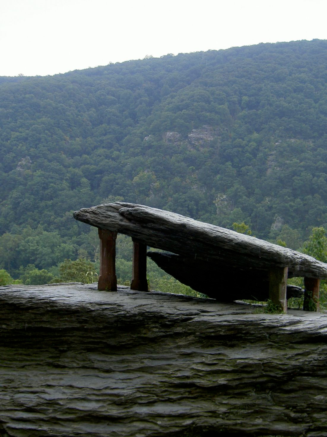 Rustic wooden bench on rock overlooking forested mountains — historic image