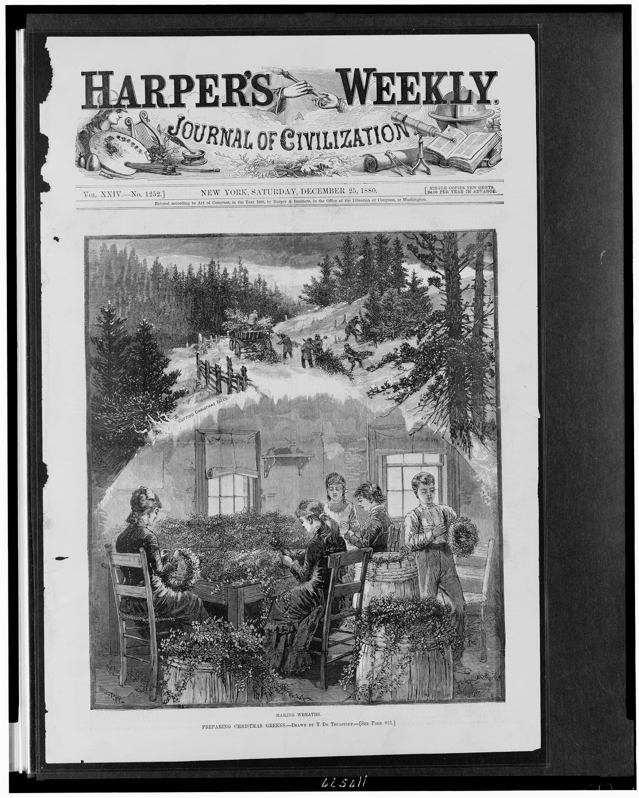 Preparing Christmas greens--Making wreaths / drawn by T. De Thulstrup., 1880 — antique engraving