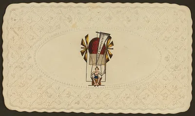 Embossed lace-style card with hand-colored balloon and passenger